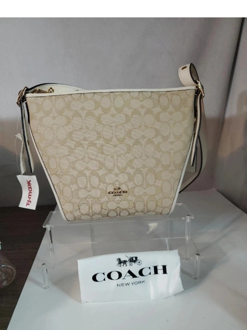 Coach Beige Signature Canvas Shoulder Bag with White Trim